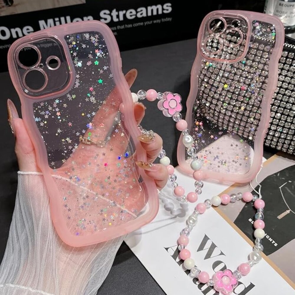 Iphone 16 16 Pro 16 Pro Max Cute Trendy Kawaii Glitter Case with Wrist Strap